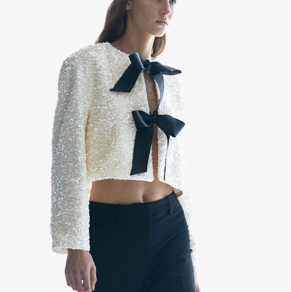 New H&M Sequined Bow-Front Jacket - Picture 5 of 6